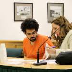 Photo by Jessie Stensland / Whidbey News-Times.                                Guadalupe A. Ramos speaks with his attorney, Cassie Trueblood, in Island County Superior Court Monday. He was sentenced for rape.
