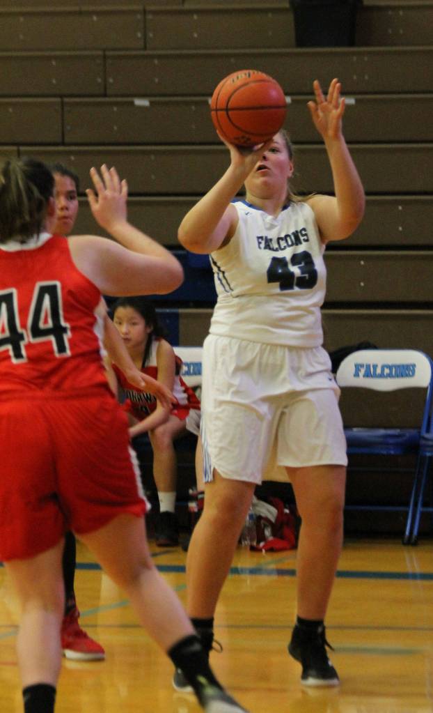 The Falcons Rachel Harder launches a baseline jumper.(Photo by Jim Waller/South Whidbey Record)