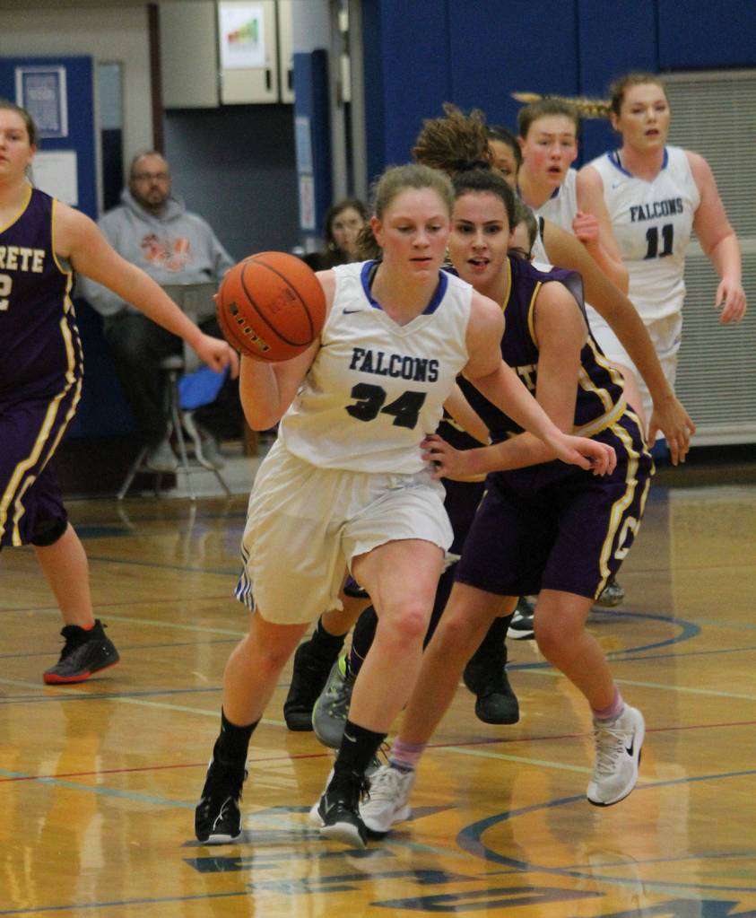 After a steal, Emma Hodson heads to the hoop for a breakaway bucket.(Photo by Jim Waller/South Whidbey Record)