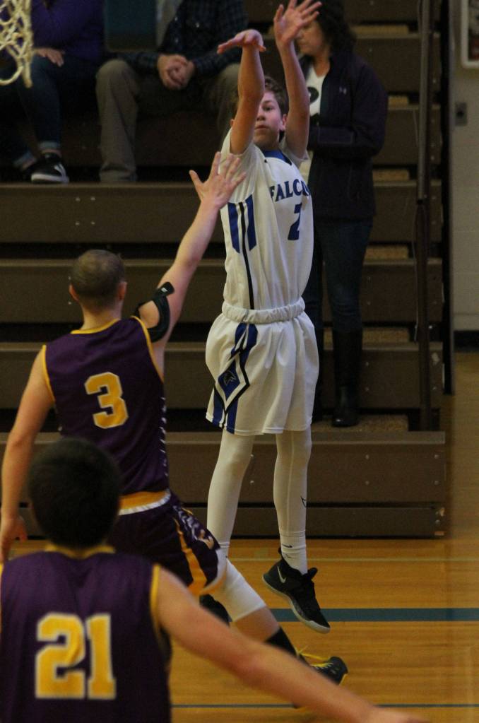 Brock Gray launches a three-pointer for the Falcons. (Photo by Jim Waller/South Whidbey Record)