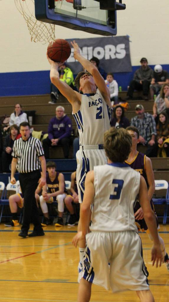 Carson Wrightson converts after stealing the ball under the Falcon basket during the press.(Photo by Jim Waller/South Whidbey Record)