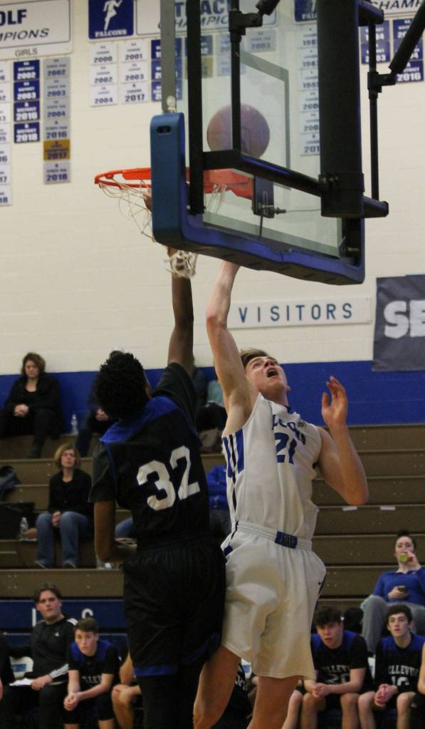 Carson Wightson scores for the Falcons Saturday.(Photo by Jim Waller/South Whidbey Record)