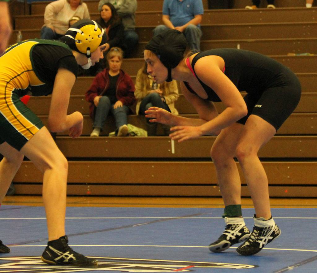 Nicole Helseth, right, sizes up her Darrington opponent. (Photo by Jim Waller/South Whidbey Record)