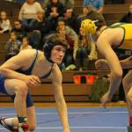 Caleb McArthur, left, prepares to attack his Darrington opponent.(Photo by Jim Waller/South Whidbey Record)
