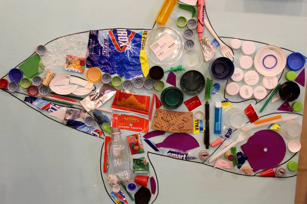 A childrens project on display at the Langley Whale Center demonstrates how plastic pollution ends up in the intestines of whales and other marine animals. (Photo by Patricia Guthrie/Whidbey News Group)