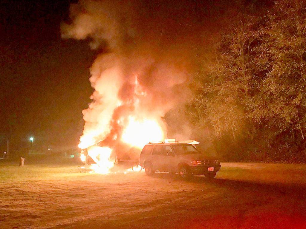 An electrical fire quickly consumed the motor home where Ben Wooldridge lived with his cat, Oreo, at the Island County Fairgrounds in Langley. He survived but his cat didnt. (Photo provided by South Whidbey Fire/EMS)