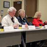 WhidbeyHealth board of commissioners, left to right, Eric Anderson, Kurt Blakenship, Grethe Cammermeyer, Nancy Fey and Ron Wallin, listen to a financial report at Mondays board meeting. (Photo by Patricia Guthrie/Whidbey News Group)