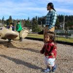 Christian Gonzalez of Clinton plays with his children at Freeland Park. Its good to be out again, he said, as Michi and Ren play on the whale airplane and Ezekiel heads for the slide. (Photos by Patricia Guthrie/Whidbey New Group)