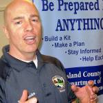 David Felice photo                                Island County Emergency Management Director Eric Brooks talks about the importance of disaster readiness Saturday at St. Huberts Church in Langley. Several agencies presented an informal demonstration and discussion of how to be ready for emergencies.