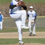 Brent Batchelor loads up to fire a pitch at Chimacum.(Photo by Jim Waller/Sound Whidbey Record)