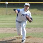 Ethan Petty tosses a pitch. Petty threw no-hit ball for the first four innings.(Photo by Jim Waller/Sound Whidbey Record)