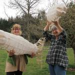Artists Melissa Koch (right) and Molly Brown look forward to creating more salmon for a bigger school of fish. (Photos by Maria Matson/Whidbey News Group)