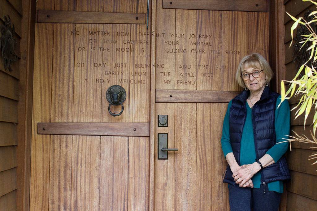 Engraved on the front door of Judith Adams Langley residence that her late husband designed is this poem she wrote:<address>No matter how difficult your journey/Or carefree your arrival/Or if the moon is gliding over the roof/Or day just beginning/And the sun barely upon the apple tree/A Holy Welcome, my friend</address>
