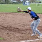 Falcon first baseman Brent Batchelor receives a throw for an out.(Photo by John Fisken)
