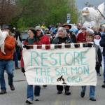 Marchers carry their Restore the Salmon banner in the Welcome the Whales parade on First Street Saturday. The display features two five-foot salmon images, crafted from reed, gauze, and hemp twine by Whidbey artists Molly Brown and Melissa Koch. Brown is in the center.