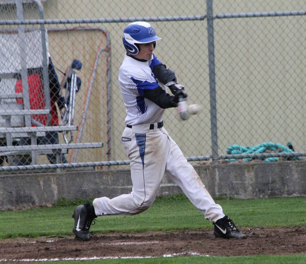 Drew Fry singles in the first inning.(Photo by Jim Waller/South Whidbey Record)