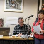 April Sanders speaks at the Langley City Council meeting Monday about the need and benefits of renting vacation homes to families with children. (Photo by Patricia Guthrie/Whidbey News Group)