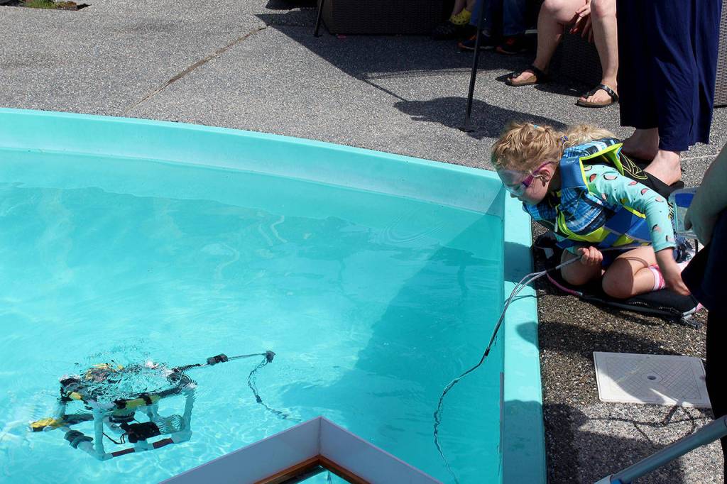 Estrella Wilson keeps a sharp eye on her teams custom-built Remotely Operated Vehicle as it heads to the bottom of the pool during practice Thursday.
