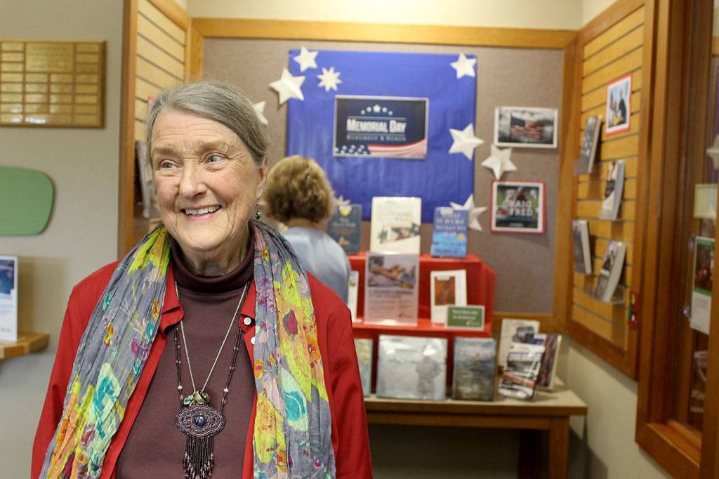 For Memorial Day, the Freeland Library has complied a display of books about war. A Soldiers Journal: Last Supper to No Goodbye, that Judith Gorman worked on for years is included. (Photo by Patricia Guthrie/Whidbey News Group)
