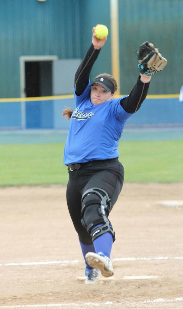 Chanel Sterba fires a pitch against Mount Baker.(Photo by Jim Waller/South Whidbey Record)