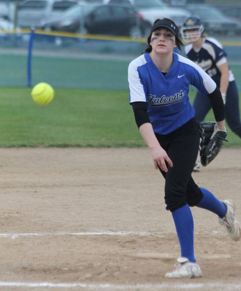 Melody Wilkie tosses a pitch in the Cedar Park Christian game.(Photo by Jim Waller/South Whidbey Record)