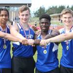 South Whidbeys boys 4x100 relay team of Issiah Gonzales, left, Bodie Hezel, Carl Henri Chapman and Caden Spear finished first at bi-district and earned a state berth. (Photo by John Fisken)