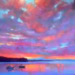 Dawn on Penn Cove II,pastel by Teresa Saia, the artist featured this month at Rob Schouten Gallery.