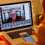 Mark Sargent of Whidbey Island is on the screen with Texas YouTuber Patricia Steere as she broadcasts The Flat Earth and Other Hot Potatoes from her Houston home. The two also share cameo roles (and some sexual tension) in the documentary Behind the Curve which was picked up by Netflix. (Mark Mulligan / Houston Chronicle)
