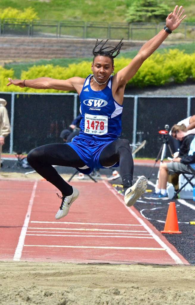 Issiah Gonzales flies to sixth place in the triple jump.(Photo by Karen Swegler)