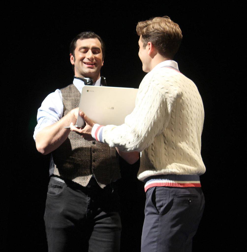 Ethan Berkley plays many roles in WICAs Prelude to a Kiss, all them brilliantly. In this scene, hes the work colleague of Peter, played by Ty Molbak. Photo by Patricia Guthrie/Whidbey News Group