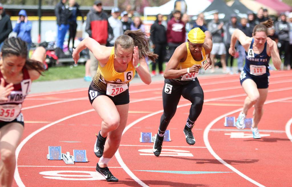 Bailey Forsyth, second from the left, was one of Pacific Lutherans top sprinters this spring. (Photo courtesy of PLU Athletics)