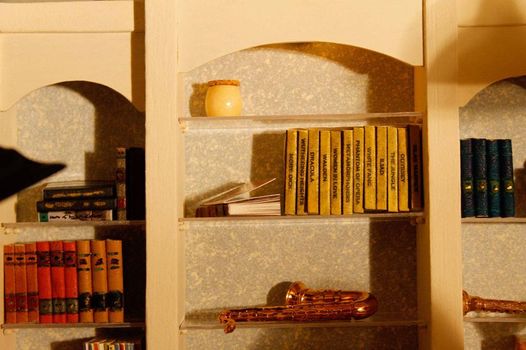 The music room bookshelf contains small books with titles such as Dracula, White Fang and Phantom of the Opera.