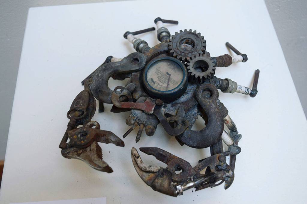 Mr. Krabs is among the art pieces of Aidan Rayners first solo show, Scavenged Scrap at Bayview Hub Gallery until Sept. 29. (Photo by Patricia Guthrie)