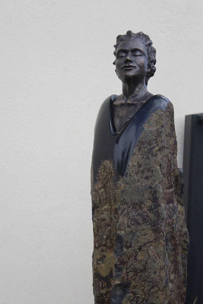 Photo by Wendy Leigh/South Whidbey Record                                The Silent Words sculpture by Lloyd Whannell stands guard over the new sculpture garden at Rob Schouten Gallery in Langley.