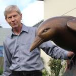 Photo by Wendy Leigh/South Whidbey Record                                Rob Schouten welcomes one of the newest sculptures to the sculpture garden at Rob Schouten Gallery in Langley.