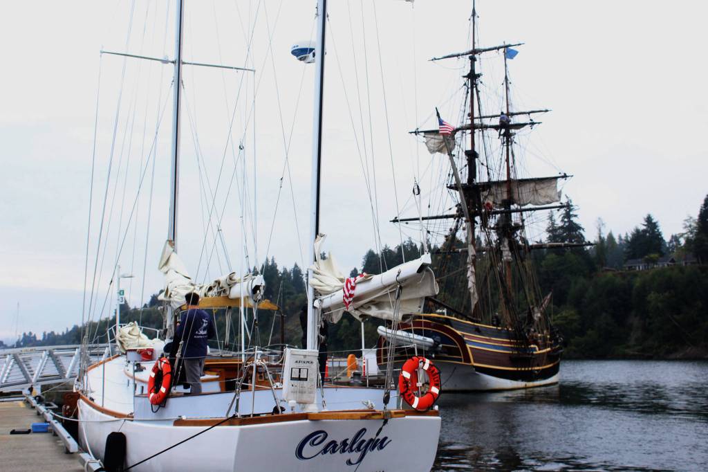 The Carlyn scientific research vessel and Lady Washington historic tall ship await students from South Whidbey Elementary school at Langley harbor. Photo by Wendy Leigh/South Whidbey Record.