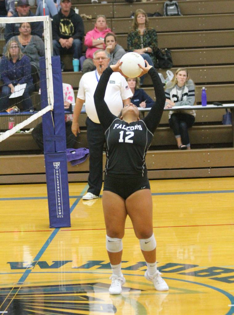 Maya Tschetter back sets for South Whidbey.(Photo by Jim Waller/South Whidbey Record)