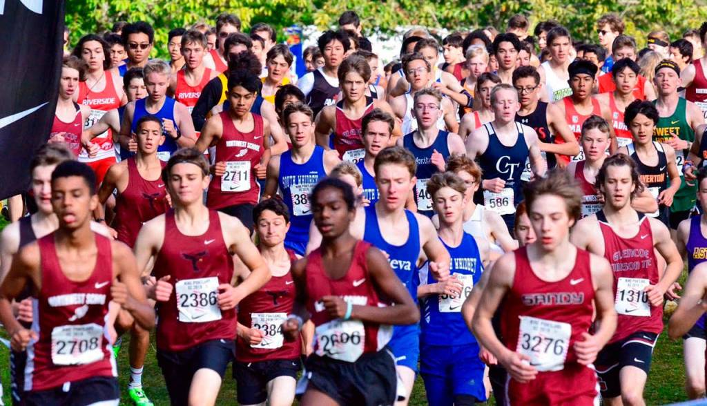 Wheres Whidbey? The Falcon JV boys are running with the masses early in the race.(Photo by Karen Swegler)