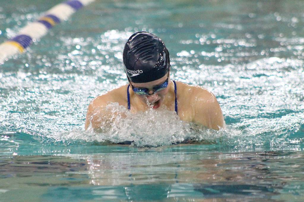 Sarah Zundel swims for the Falcons in the 100 breaststroke.(Photo by Jim Waller/South Whidbey Record)