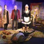 During Outcasts production of Over My Dead Body, bodies pile up as two actors, including Ken Stephens, vie to be the corpse in a community theater play. Looking on are Christina Parker, left, Jim Carroll, Kathryn Sandy OBrien and Ned Farley, right. Photos by Patricia Guthrie