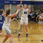 Ella Wood (24) lobs a pass to Emma Hodson. (Photo by Jim Waller/South Whidbey Record)
