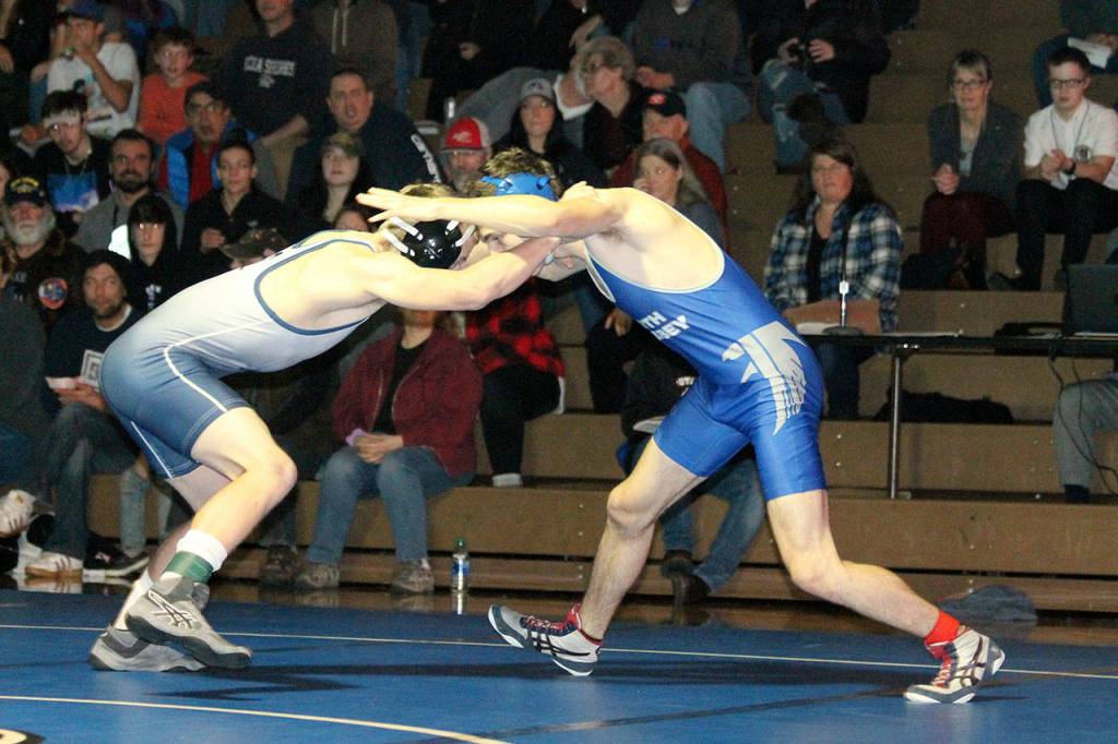 South Whidbeys Sawyer Mauk, right, hooks up with Aidan Fleming.(Photo by Jim Waller/South Whidbey Record)