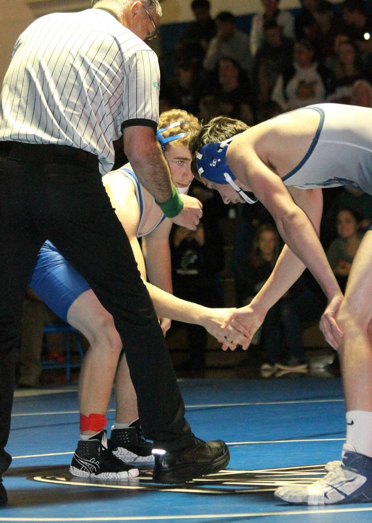 Caleb McArthur, rights, gets ready to take on Sultans Hunter Jones.(Photo by Jim Waller/South Whidbey Record)
