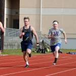 Jacob Ng, left, Cody Eager, Bodie Hezel, Billy Rankin and Kole Nelson compete in the 100 meters. (Photo by Jim Waller/South Whidbey Record)