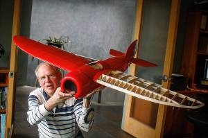 Photo by Georgia Edwards                                David Welton has been building a 1/6 scale model of a 1916 Bristol M-1C, a British WW1 fighter named Red Devil. With more time spent at home recently, he estimates the project will be finished within the next few weeks. For story, see page A2.