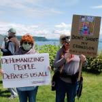 Photo by Kira Erickson/Whidbey News Group                                Clinton resident Claudia Fuller, right, and Freeland resident Rebecca Rickabaugh. Fuller holds a sign with a picture of her three-year-old grandson Elijah that says Dont shoot my grandson. Black Lives Matter.