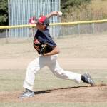 The Crabs Grady Davis fires a pitch in Saturdays game against the Barnstormers. (Photo by Jim Waller/South Whidbey Record)