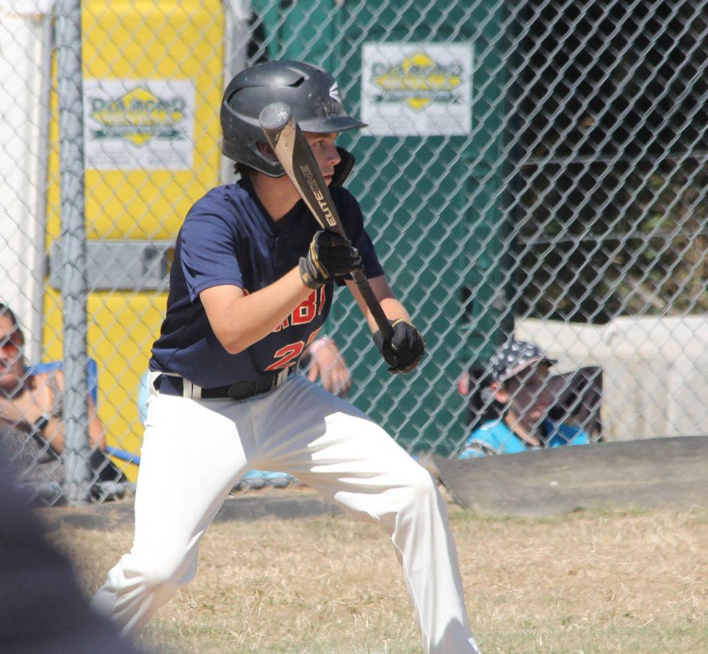 Dylan Paine prepares to bunt for the Crabs in Saturdays game. (Photo by Jim Waller/South Whidbey Record)