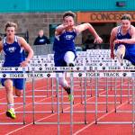 Cody Eager, left, Kole Nelson and Bodie Hezel run the 110 hurdles in the league meet in 2019. Hezel finished first, Nelson second and Eager fourth. (File photo)