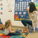 Teague Shannon, left, and Claire Alward learn about Labor Day from teacher Aaliyah Crawford. Photo by Kira Erickson/Whidbey News-Times.